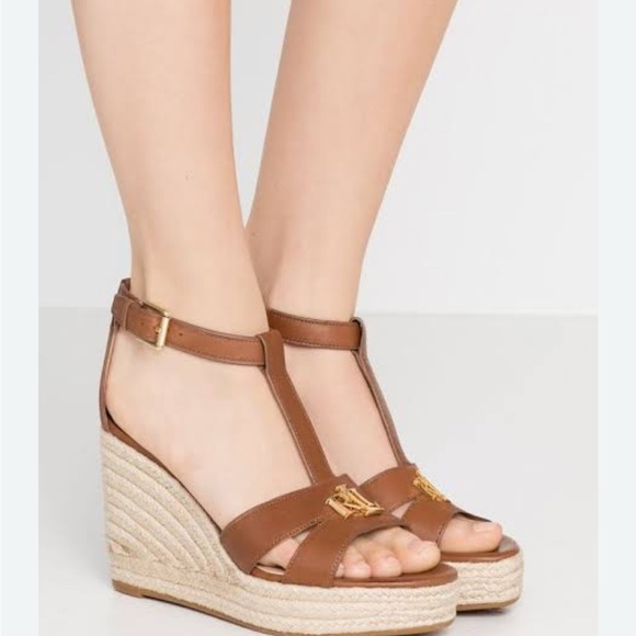Ralph Lauren Tan Wedge Sandals - Picture 1 of 7